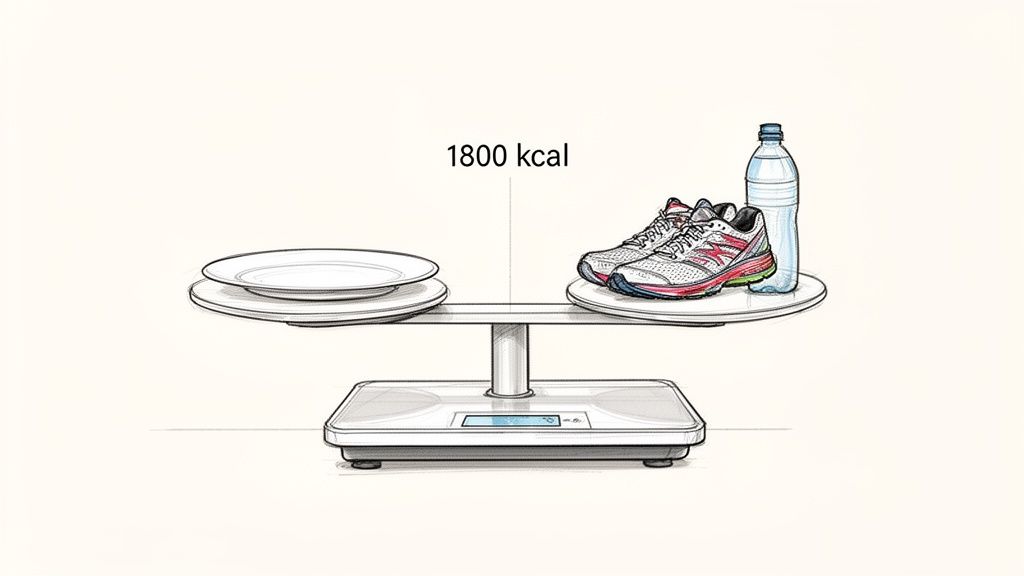 A balance scale with empty plates on the left, running shoes and water bottle on the right, labeled 1800 kcal.