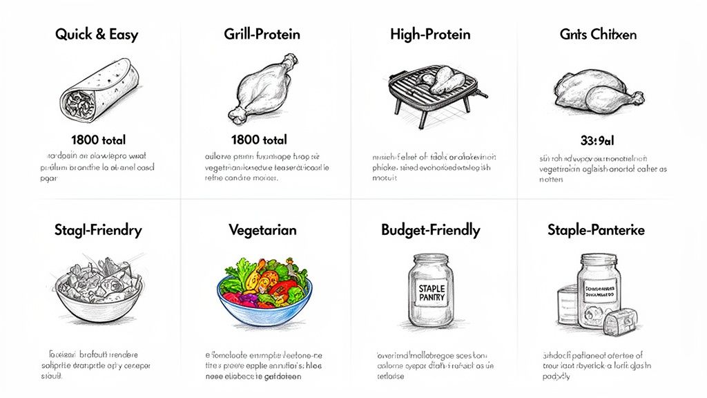 Eight illustrated meal plan categories featuring quick, protein, vegetarian, and budget-friendly food options.