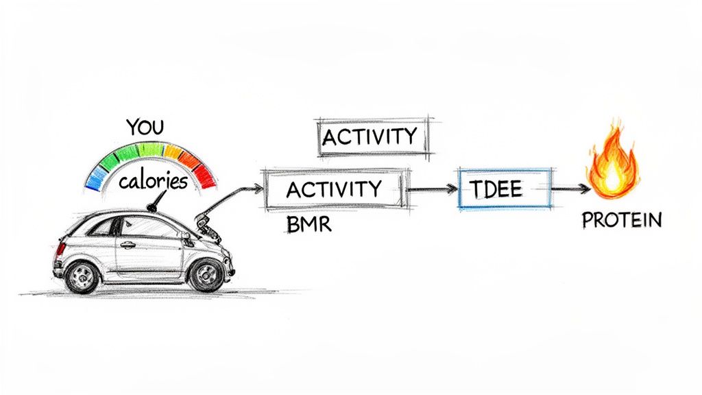 Diagram illustrating calorie intake as fuel for the body (car), leading to activity, BMR, TDEE, and protein breakdown.