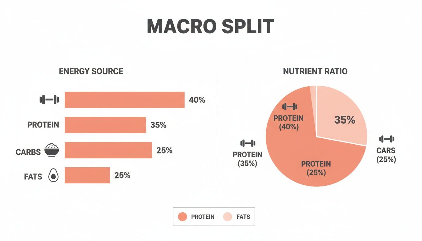 Infographic showing macro split percentages for protein, carbs, and fats.
