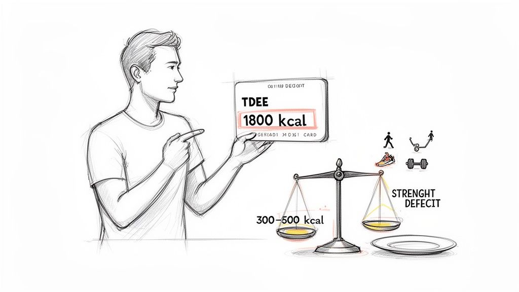 A man points to a 'TDEE 1800 kcal' card, with a scale showing a 300-500 kcal strength deficit.