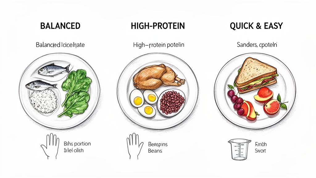 Illustrations of three meal plates: balanced (fish, rice, spinach), high-protein (chicken, eggs, beans), and quick & easy (sandwich, fruit).