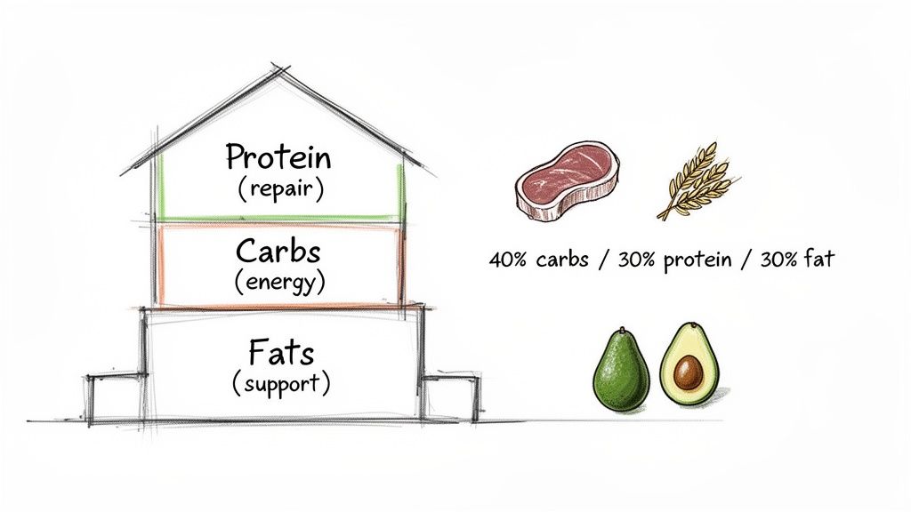 Dietary guide showing protein for repair, carbs for energy, and fats for support in a 40/30/30 ratio.