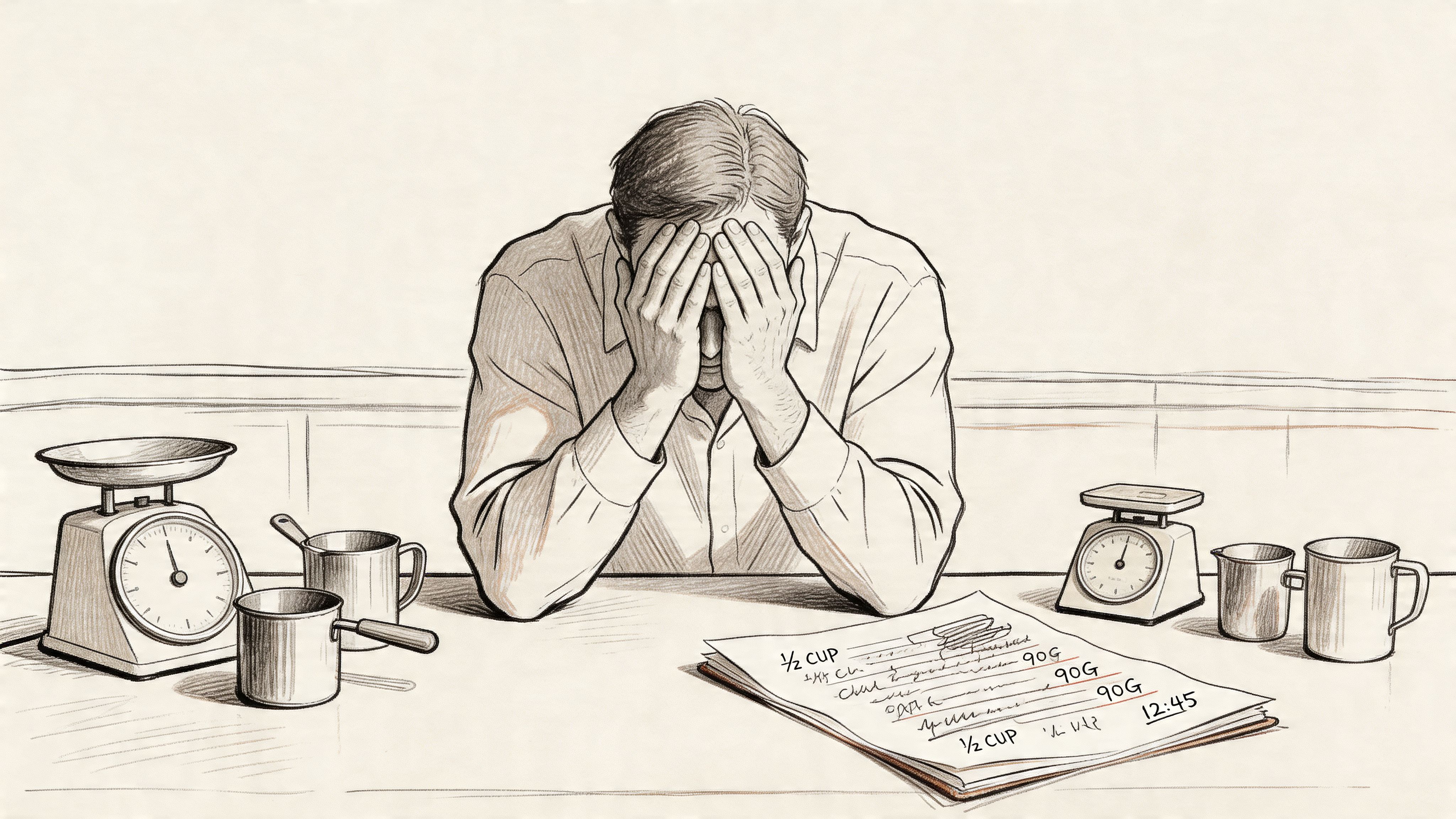 A frustrated man sits at a table with kitchen scales and measuring cups while reading a recipe.