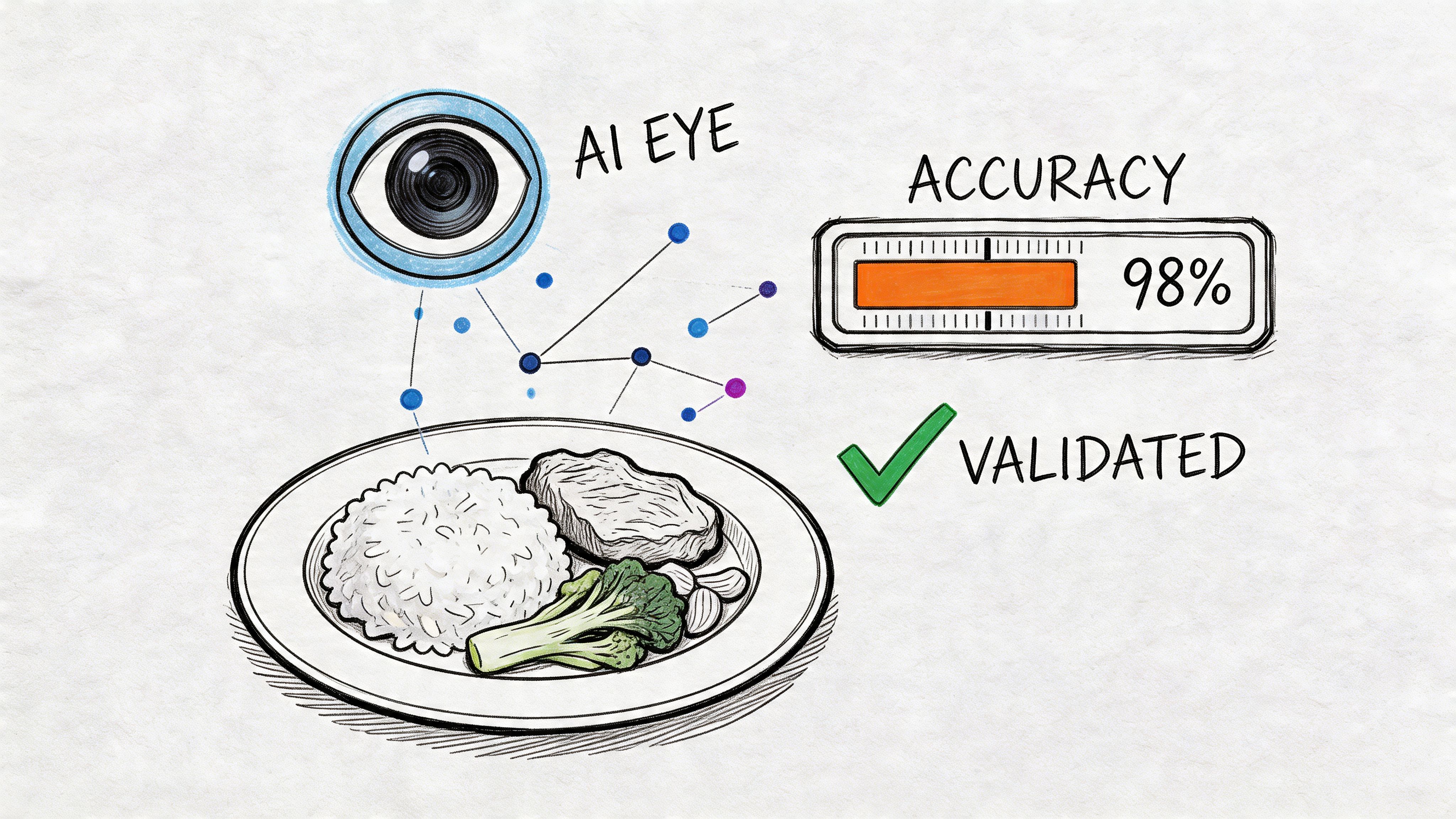 A conceptual illustration of an AI-powered system scanning a plate of food to calculate nutrition and accuracy.