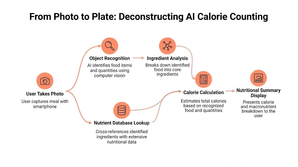A flowchart explaining how AI calorie counter apps identify food and calculate nutritional value from photos.
