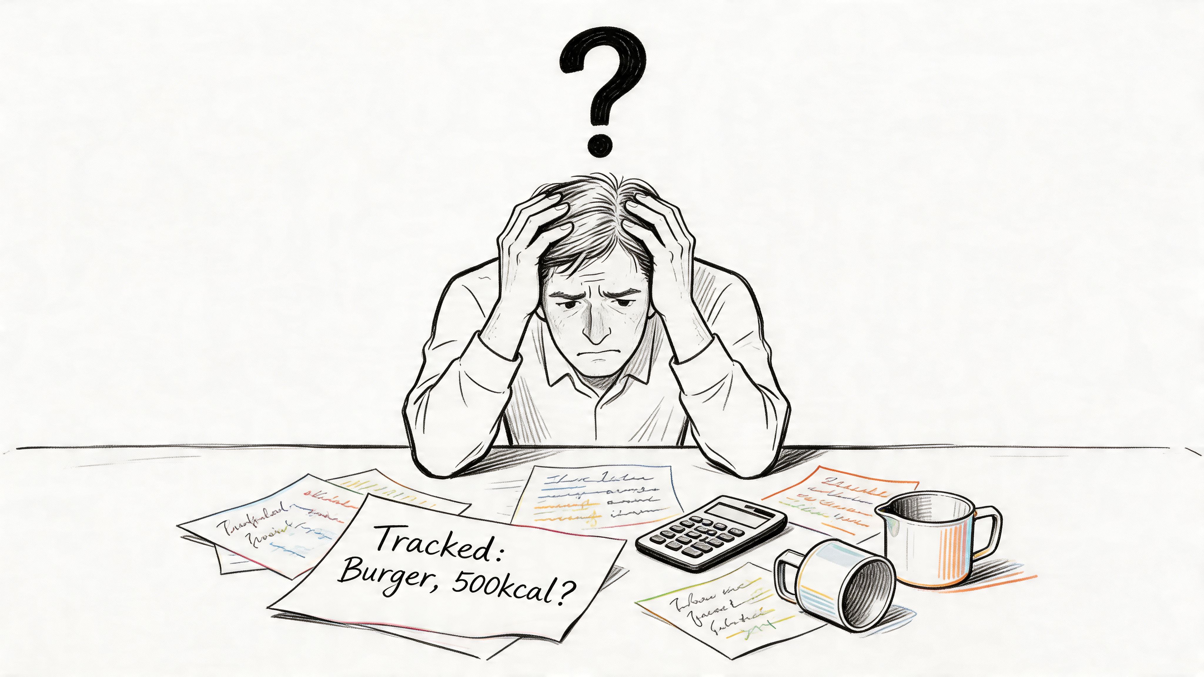A man sitting at a desk appearing stressed and overwhelmed while calculating his daily nutritional calorie intake.