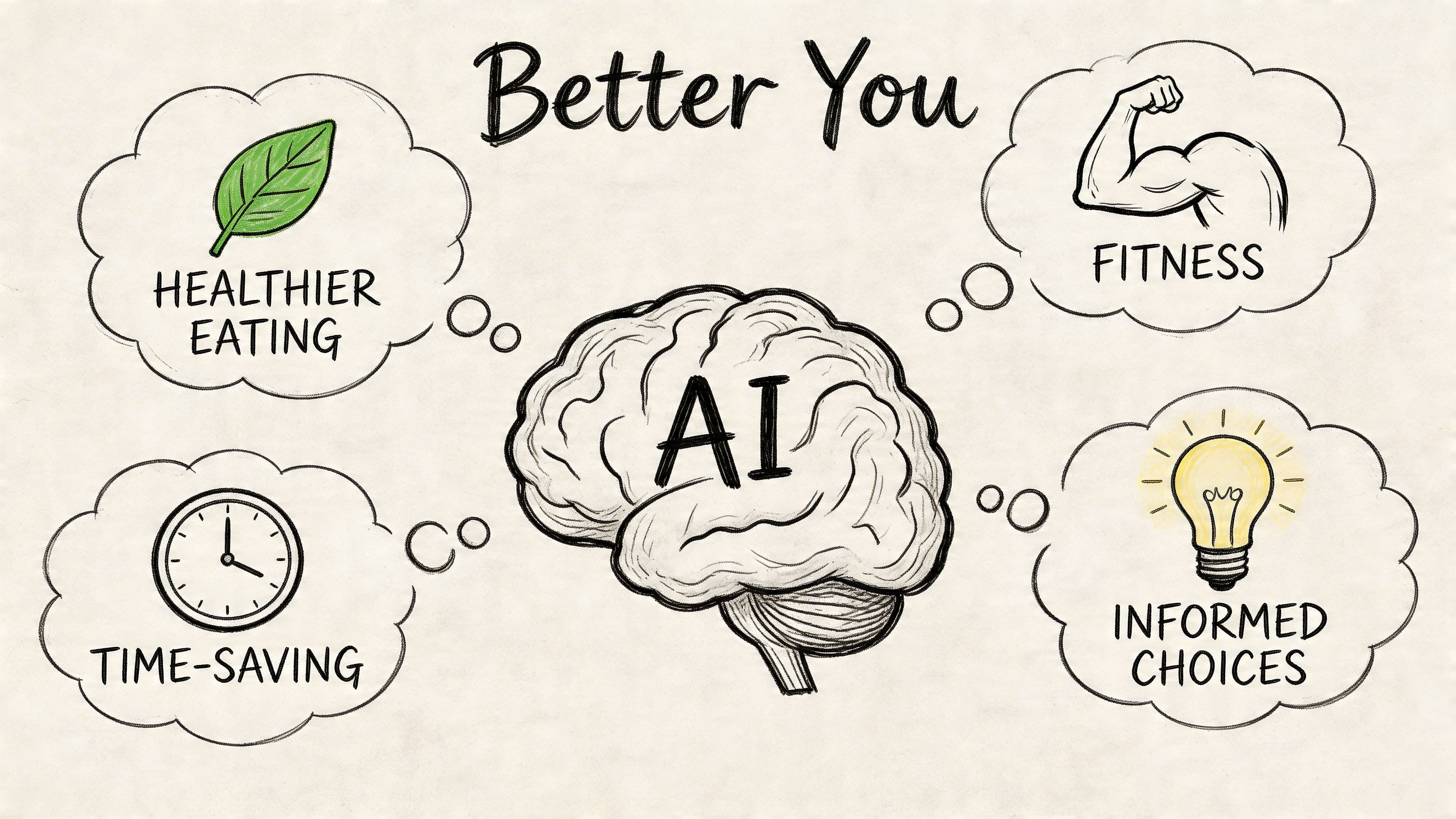 A hand-drawn illustration showing a brain labeled AI connected to thought bubbles about nutrition, fitness, time, and choices.