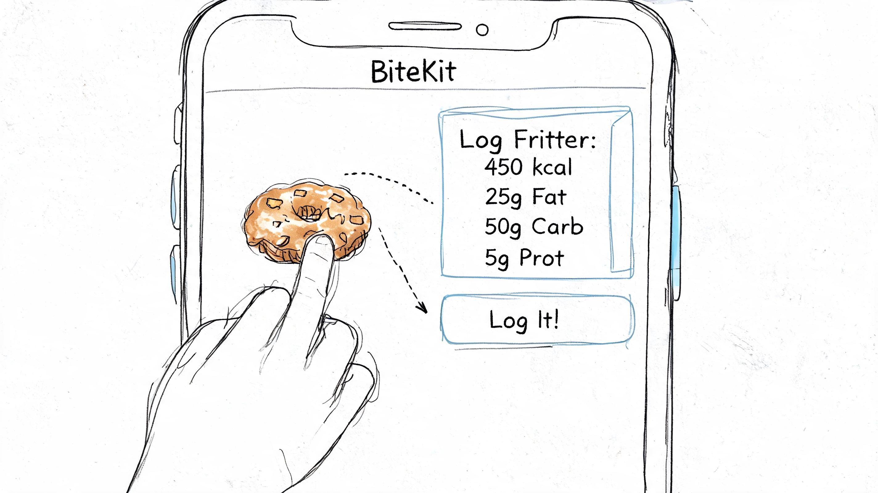 A hand selecting an apple fritter on a smartphone screen app called BiteKit for calorie logging.