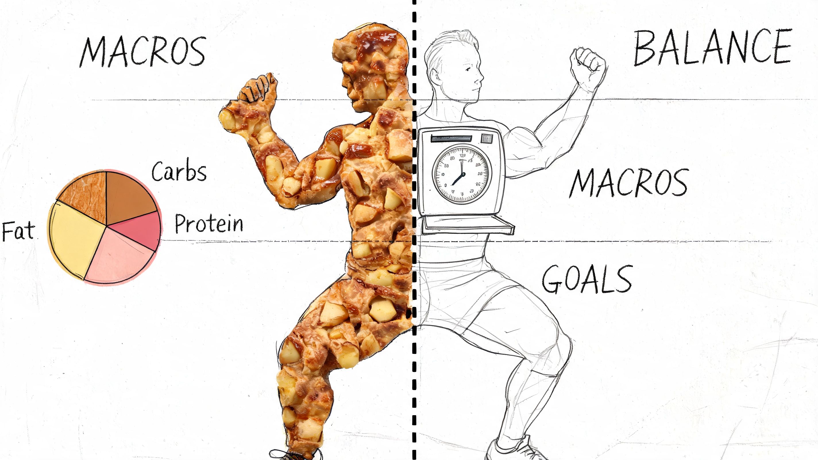 A split image showing a human figure made of apple fritters versus a sketched figure with a clock.
