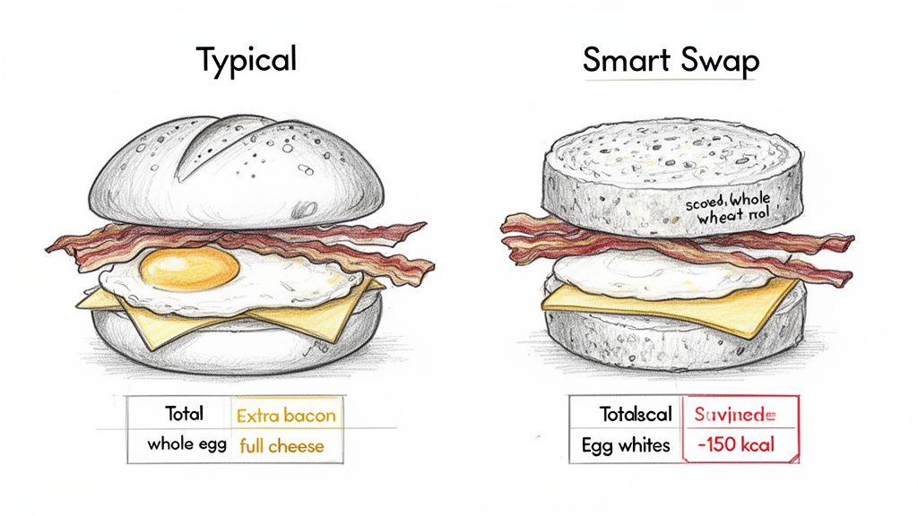 Illustrative comparison of a typical bacon, egg, and cheese sandwich versus a smart, lower-calorie swap saving 150 kcal.