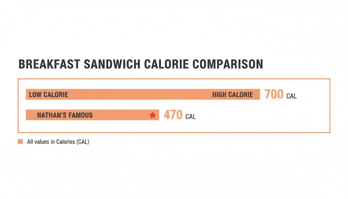 A bar chart comparing breakfast sandwich calories: high calorie is 700, Nathan's Famous is 470.