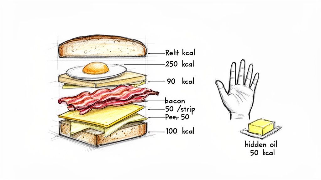 Detailed illustration showing the calorie breakdown of a bacon, egg, and cheese sandwich.