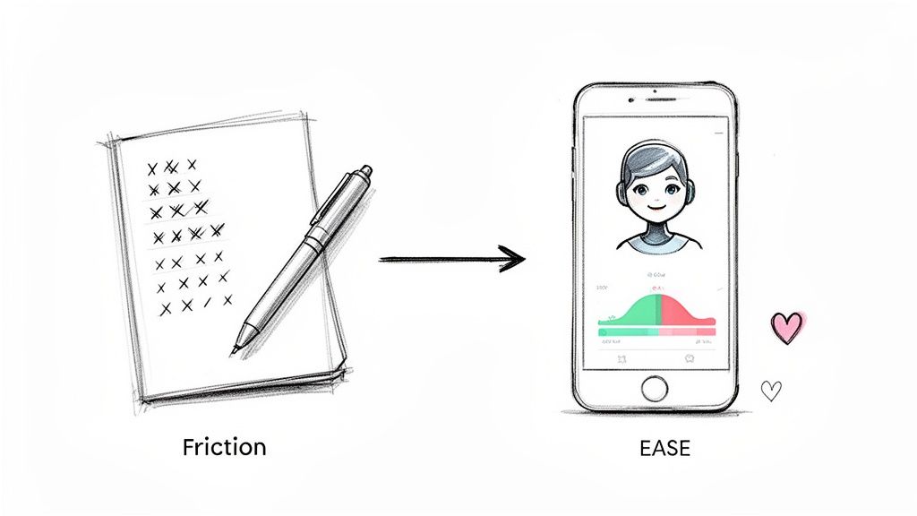 An illustration showing a pen and paper with tally marks transforming into a smartphone app, representing the shift from friction to ease.