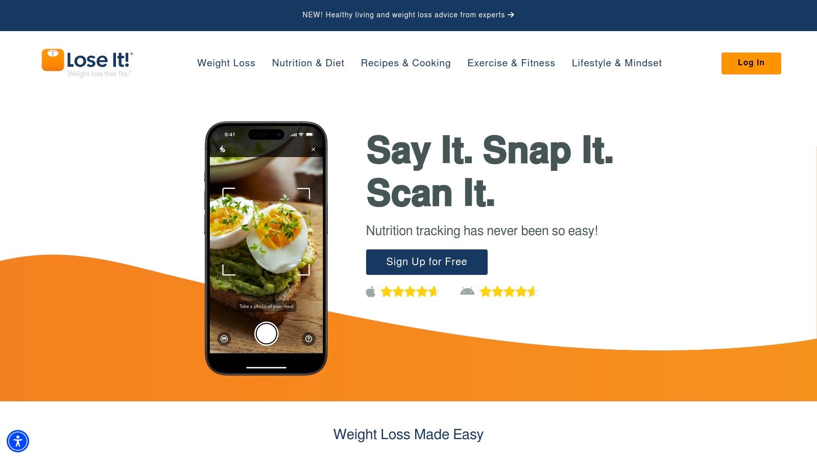 A screenshot of the Lose It! app interface showing a daily calorie budget, food log, and progress bar.