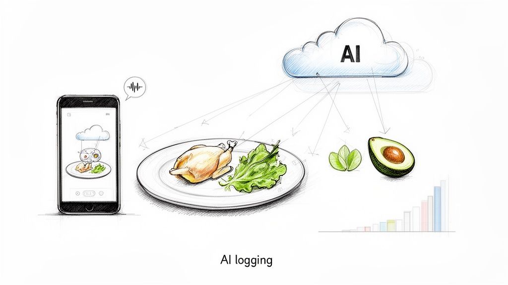 Illustration of a smartphone app using AI to log food like chicken, lettuce, and avocado for macro tracking.