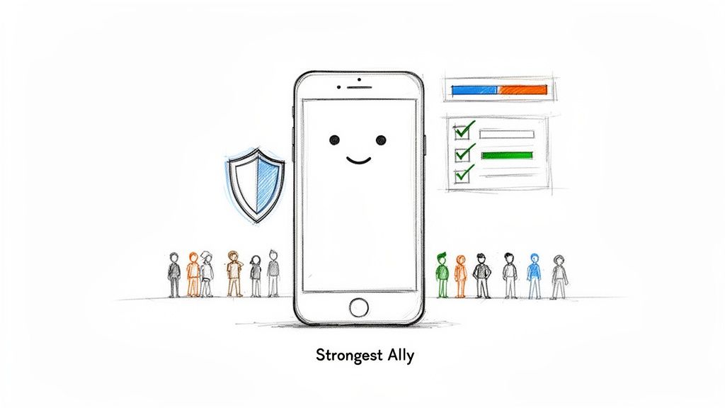 A sketch of a happy smartphone, a shield, and diverse people, illustrating the phone as a helpful tracking app.