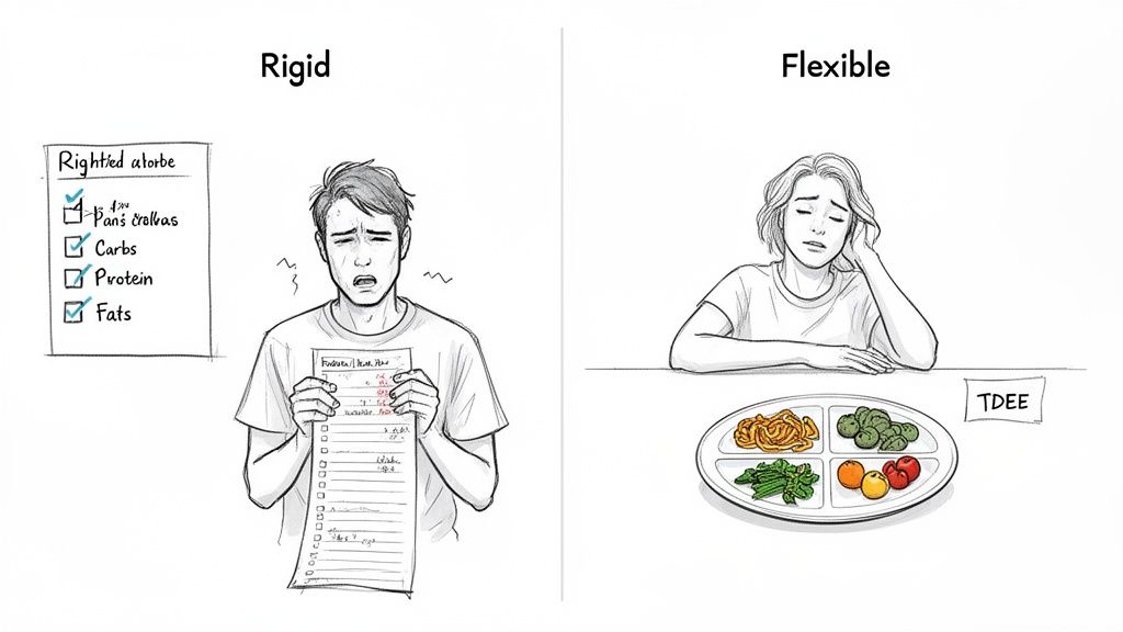 Two illustrations contrasting the stress of rigid calorie counting with the weariness of flexible eating.