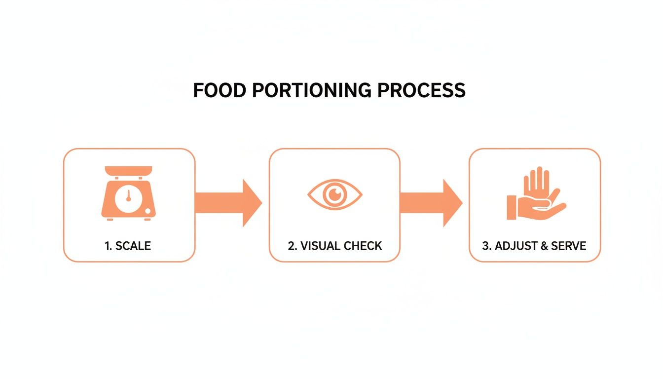 A three-step food portioning process: 1. Scale, 2. Visual Check, 3. Adjust & Serve, with icons.