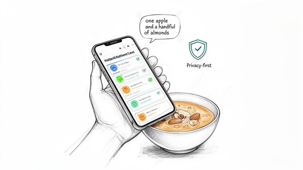 A hand holds a smartphone displaying a nutrition tracking app next to a bowl of oatmeal, emphasizing privacy.