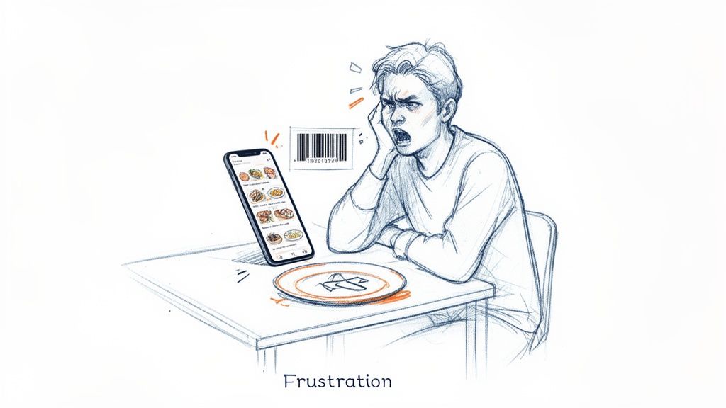 A person looks frustrated, staring at a food delivery app on a phone with an empty plate.
