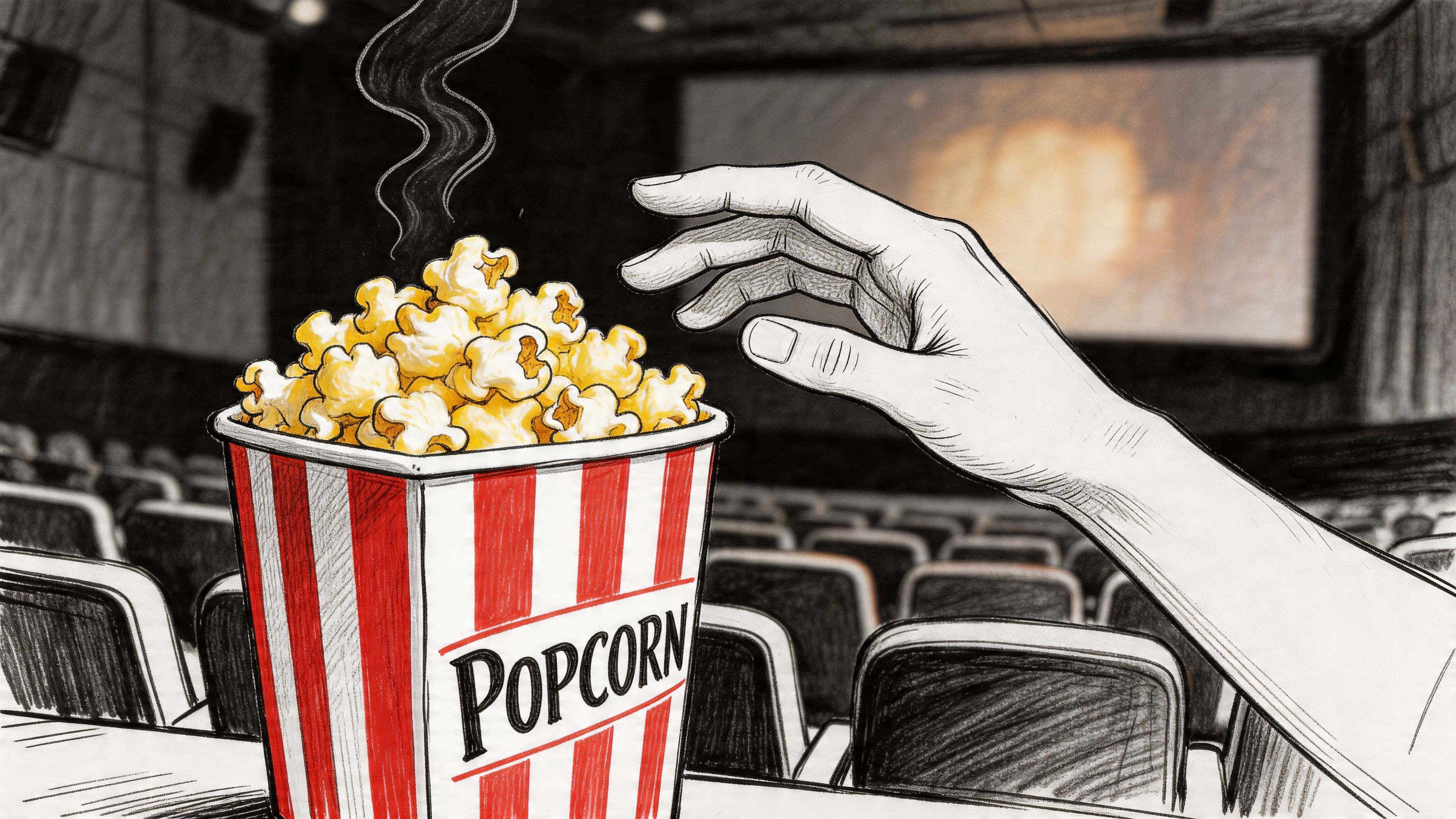 A hand reaching for a steaming bucket of buttered popcorn inside a darkened movie theater.