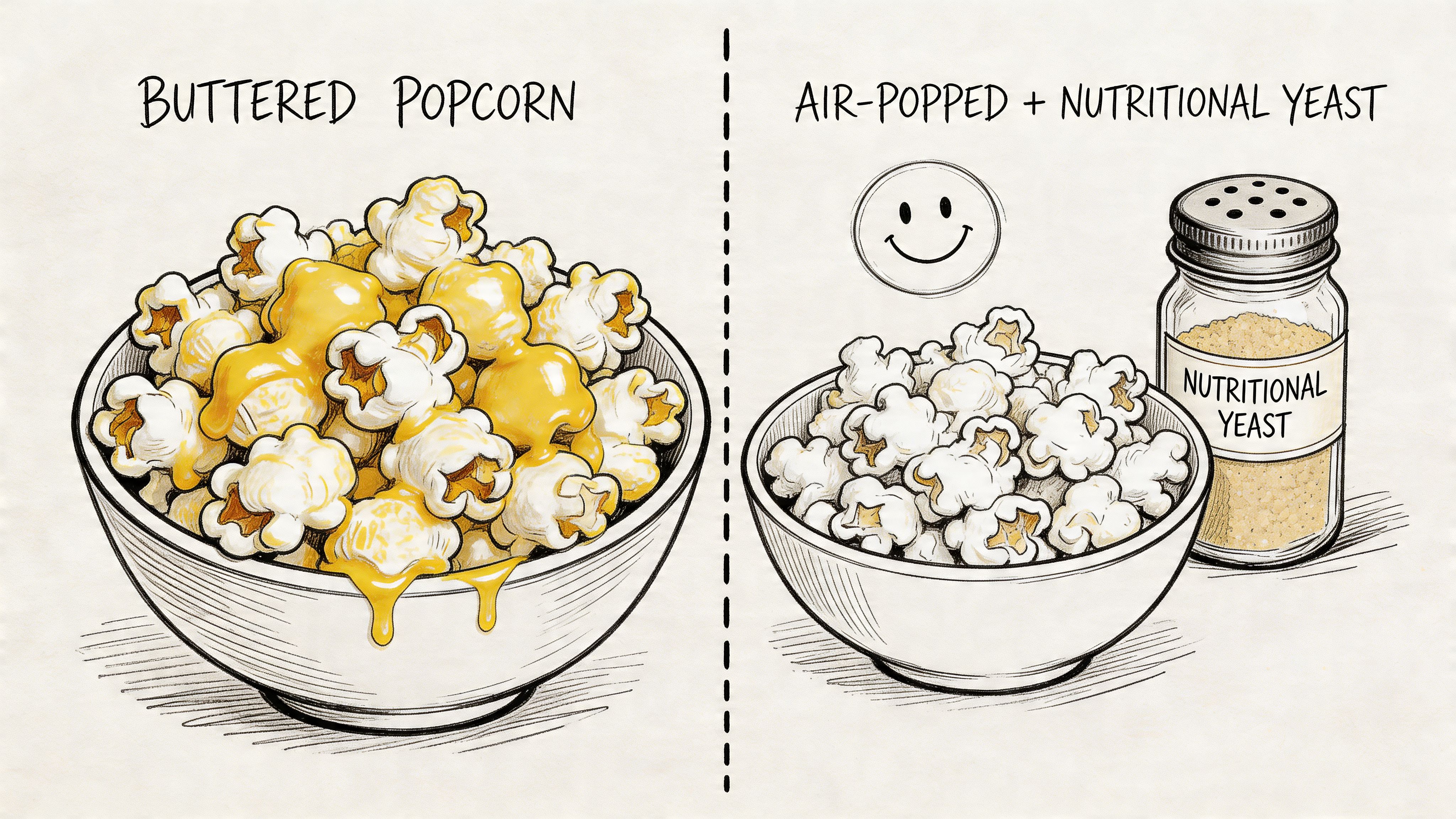 A split illustration comparing a bowl of buttered popcorn to a bowl of healthier air-popped nutritional yeast popcorn.