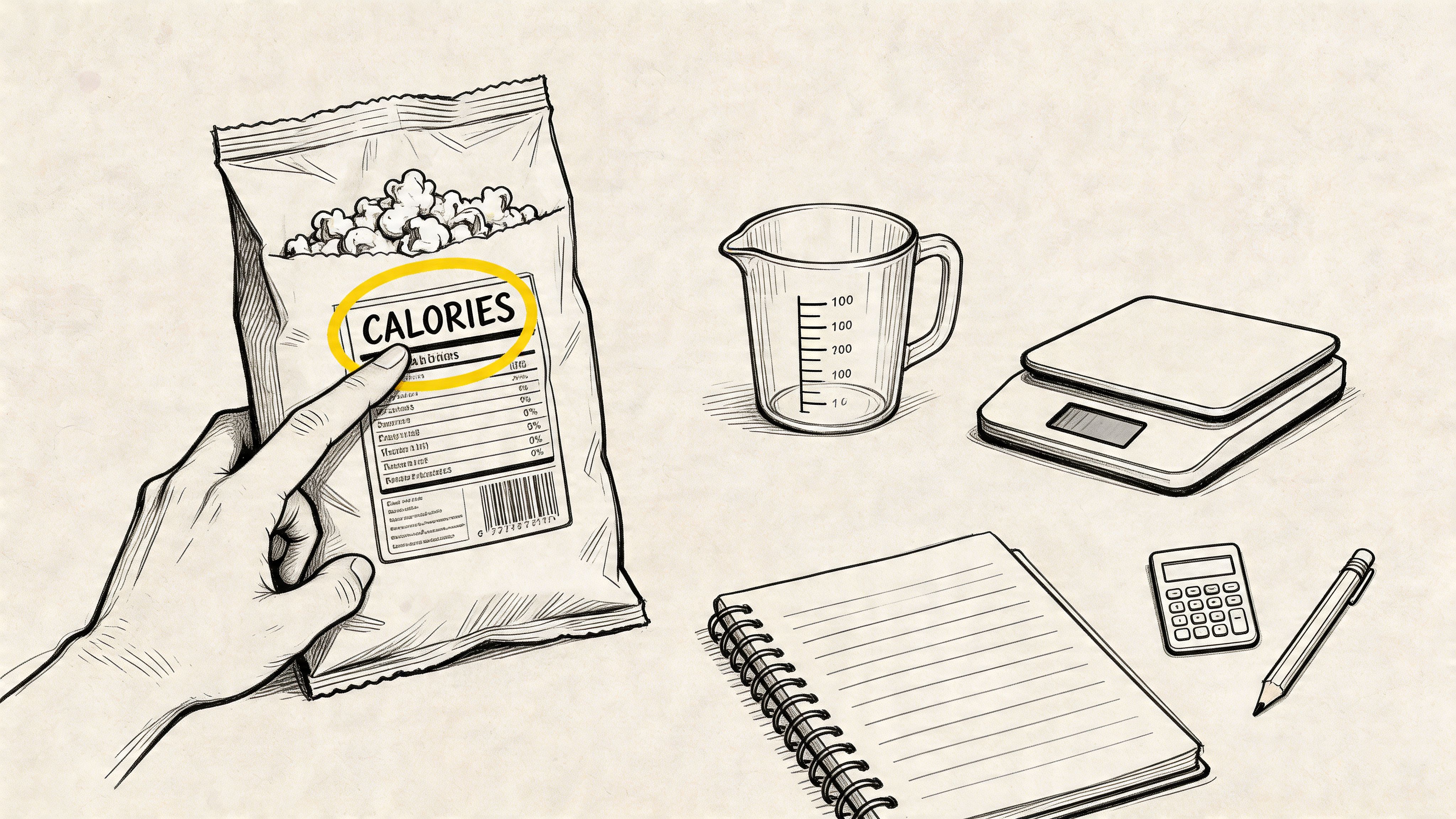 A hand pointing to the calories label on a bag of popcorn next to kitchen measuring tools.