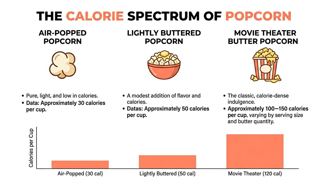 A comparison chart showing the calorie content per cup of air-popped, lightly buttered, and movie theater popcorn.