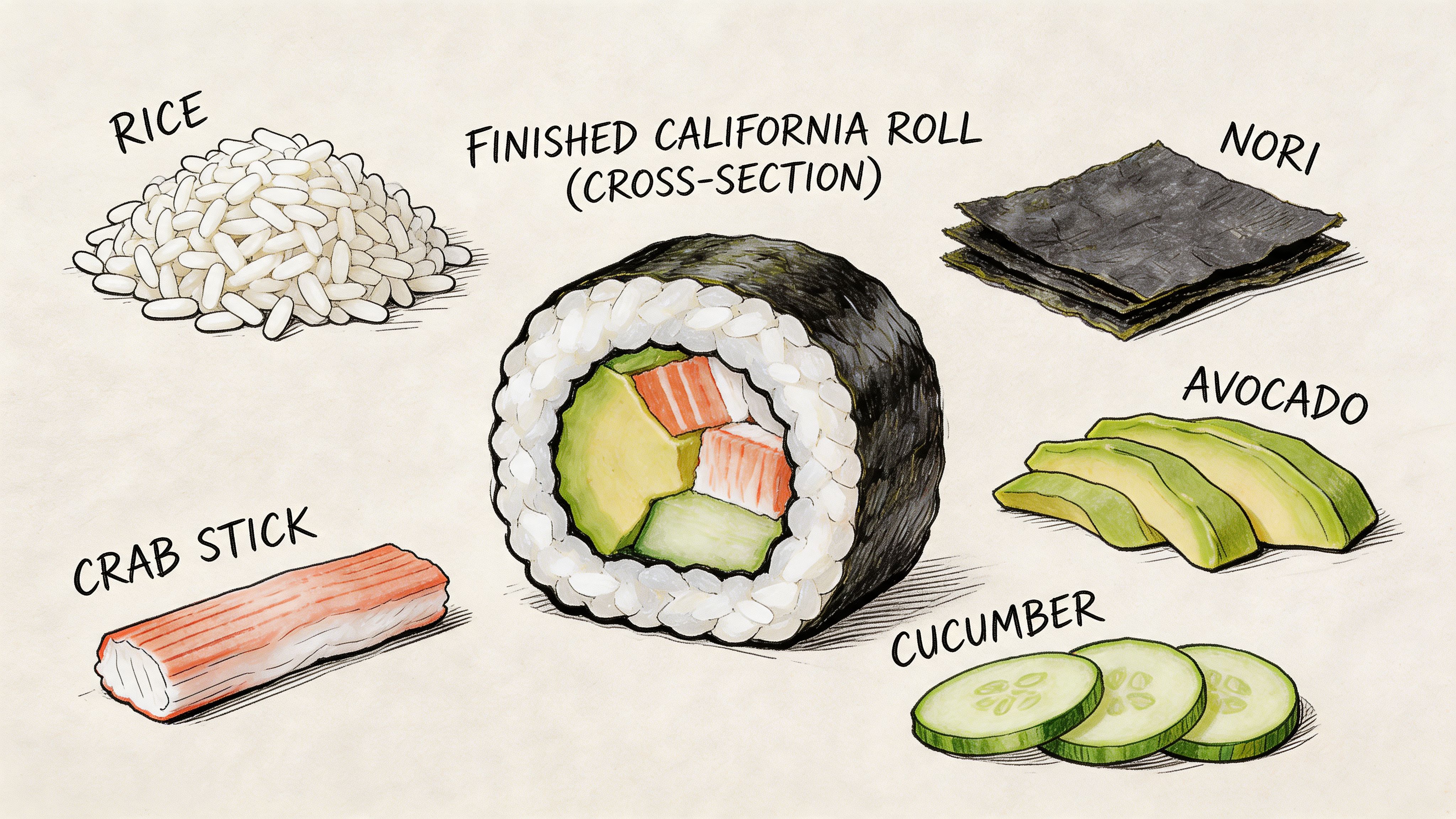 A hand-drawn illustration showing the ingredients of a California roll, including rice, nori, avocado, cucumber, and crab.