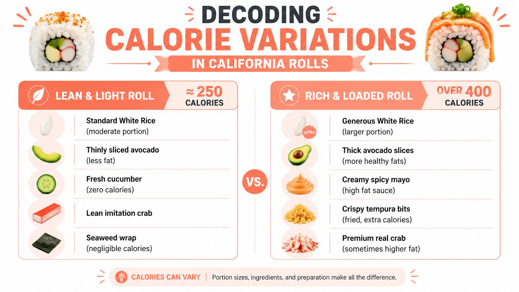 A comparison chart showing ingredients and calorie counts for lean versus rich California sushi rolls.