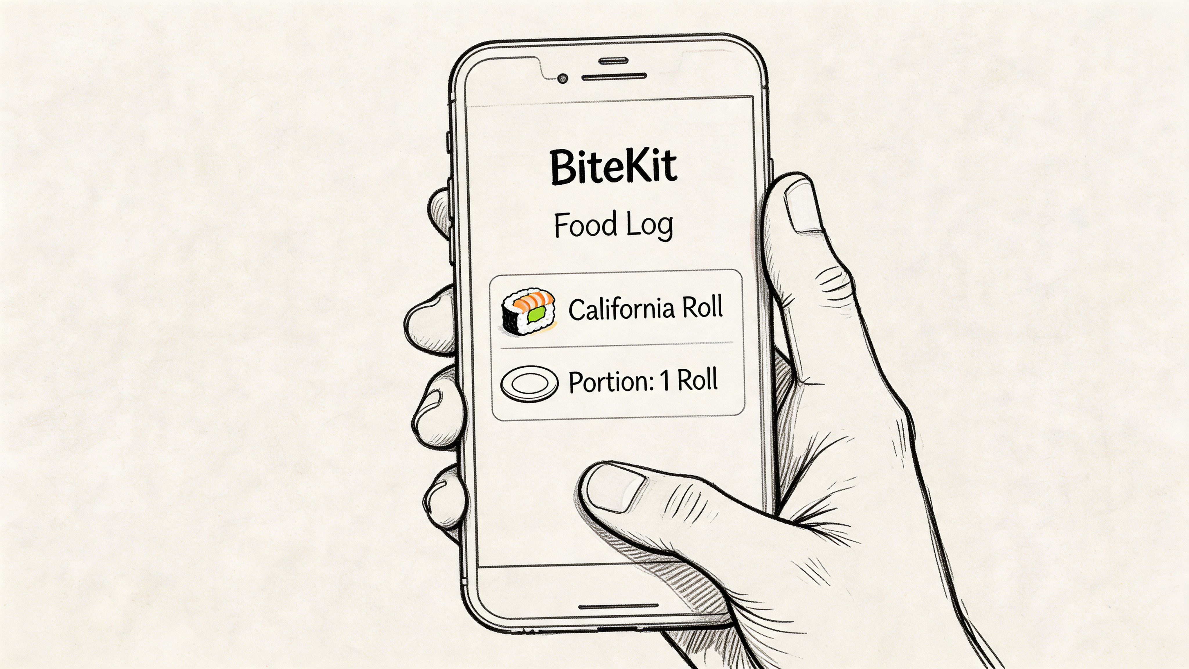 A hand holding a smartphone showing a food logging app interface with a California roll entry.