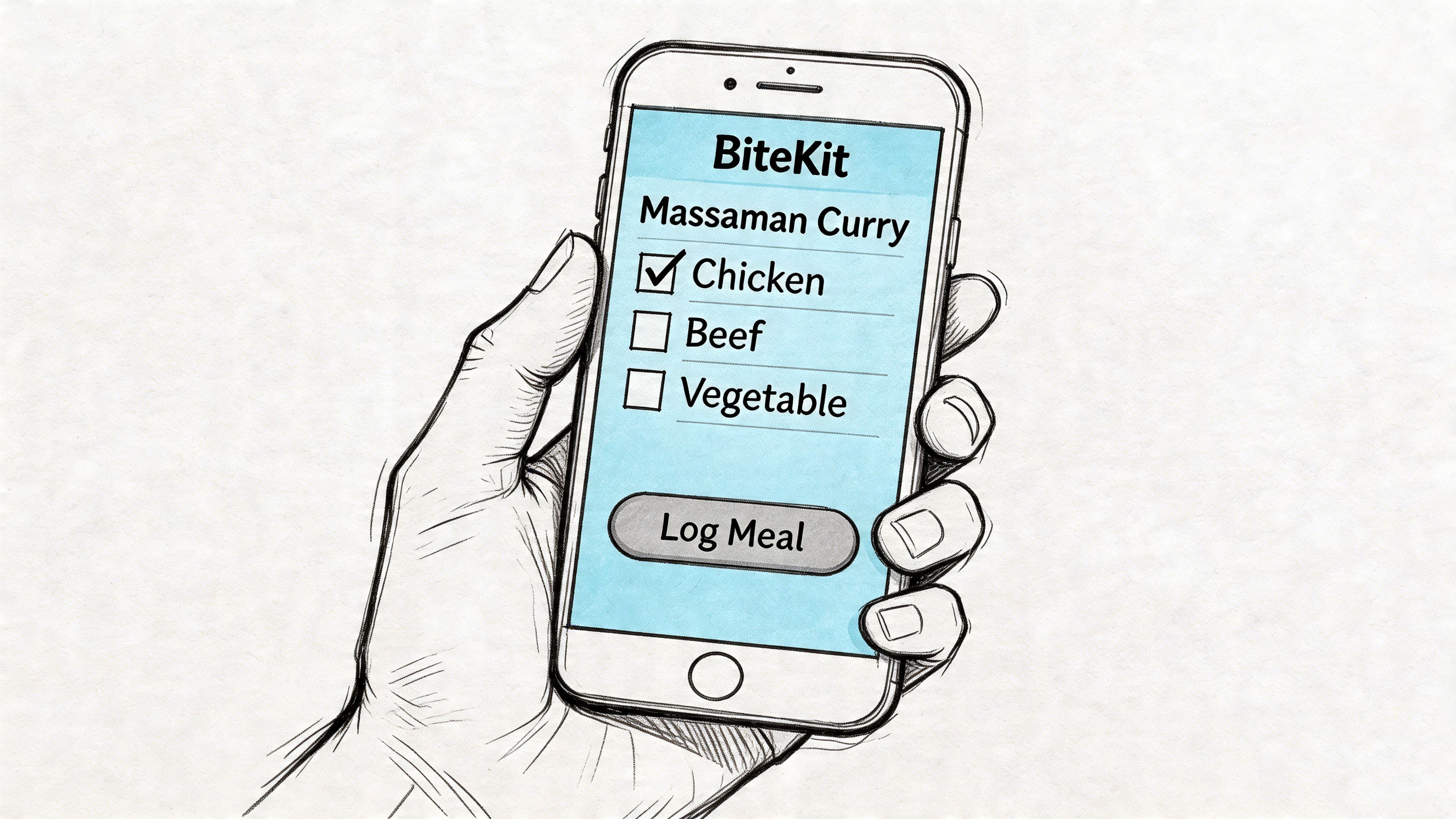 A hand holding a smartphone displaying a BiteKit app interface for selecting Massaman Curry ingredients.