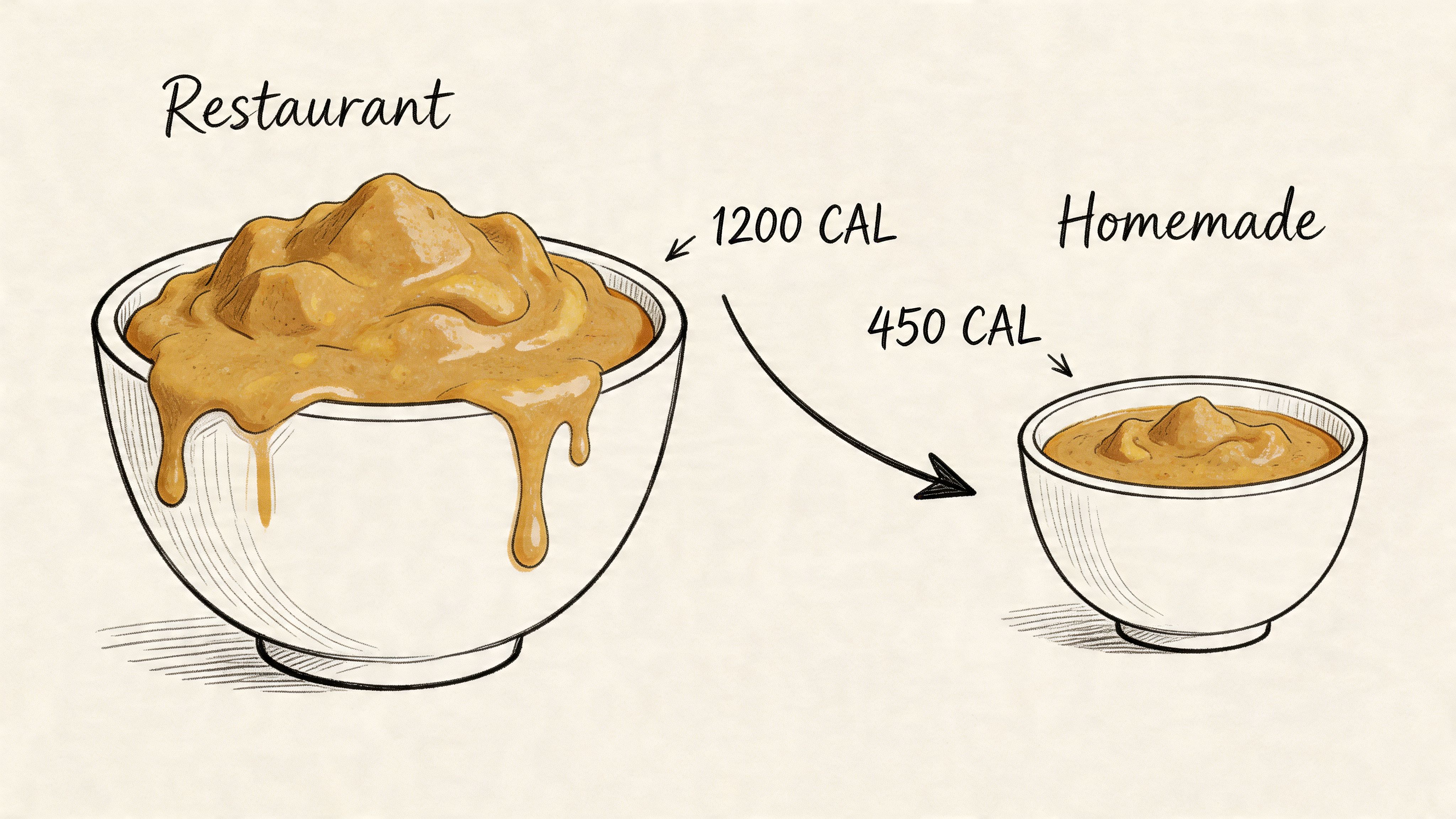 A comparison illustration showing a restaurant-sized portion of food versus a smaller, homemade portion with calorie counts.