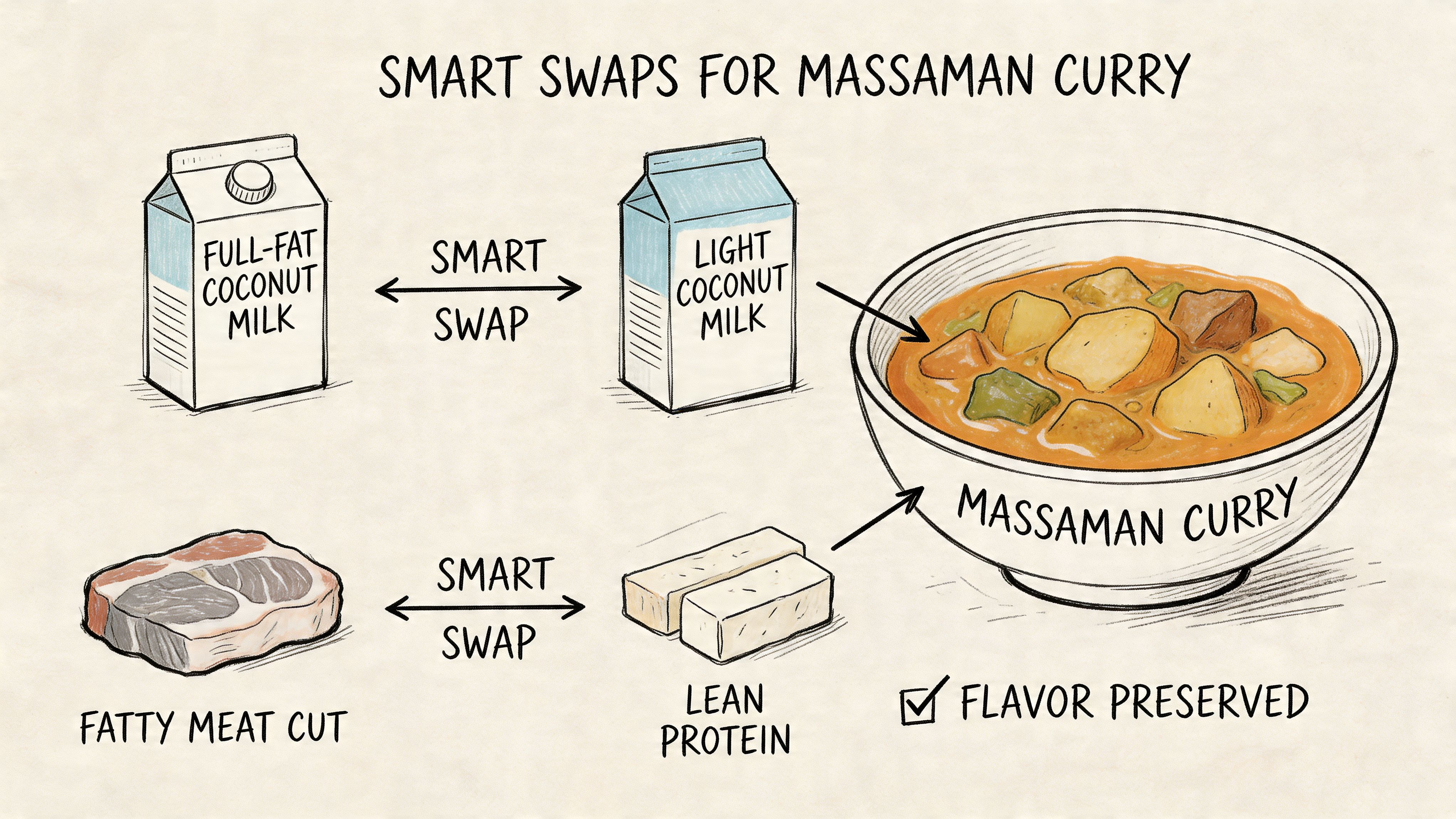A diagram illustrating healthy ingredient substitutions for massaman curry, such as using light coconut milk and lean protein.