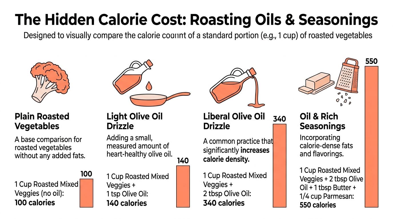 A bar chart illustrating how adding oil and seasonings increases the total calories in roasted vegetables.