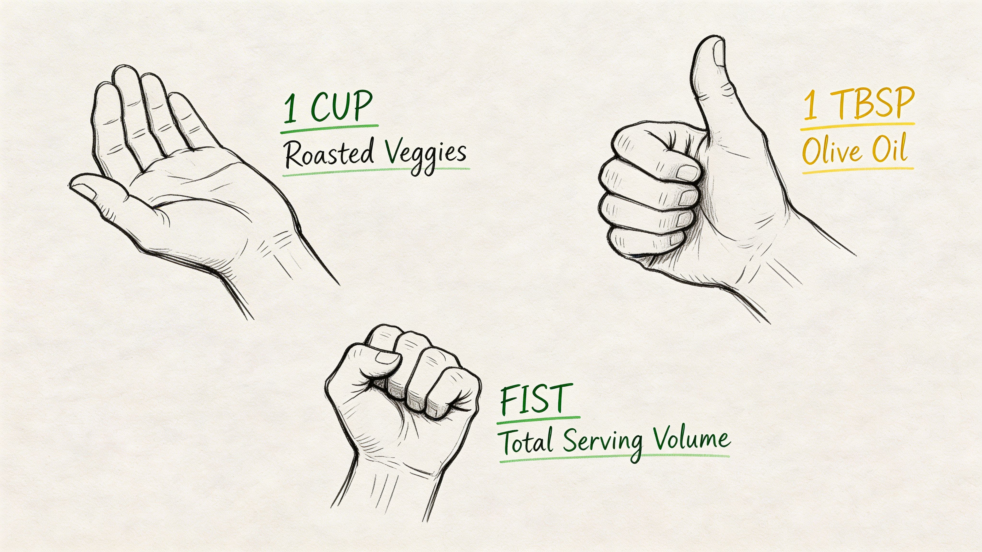 A hand-drawn illustration showing portion control sizes using an open hand, thumb, and closed fist.