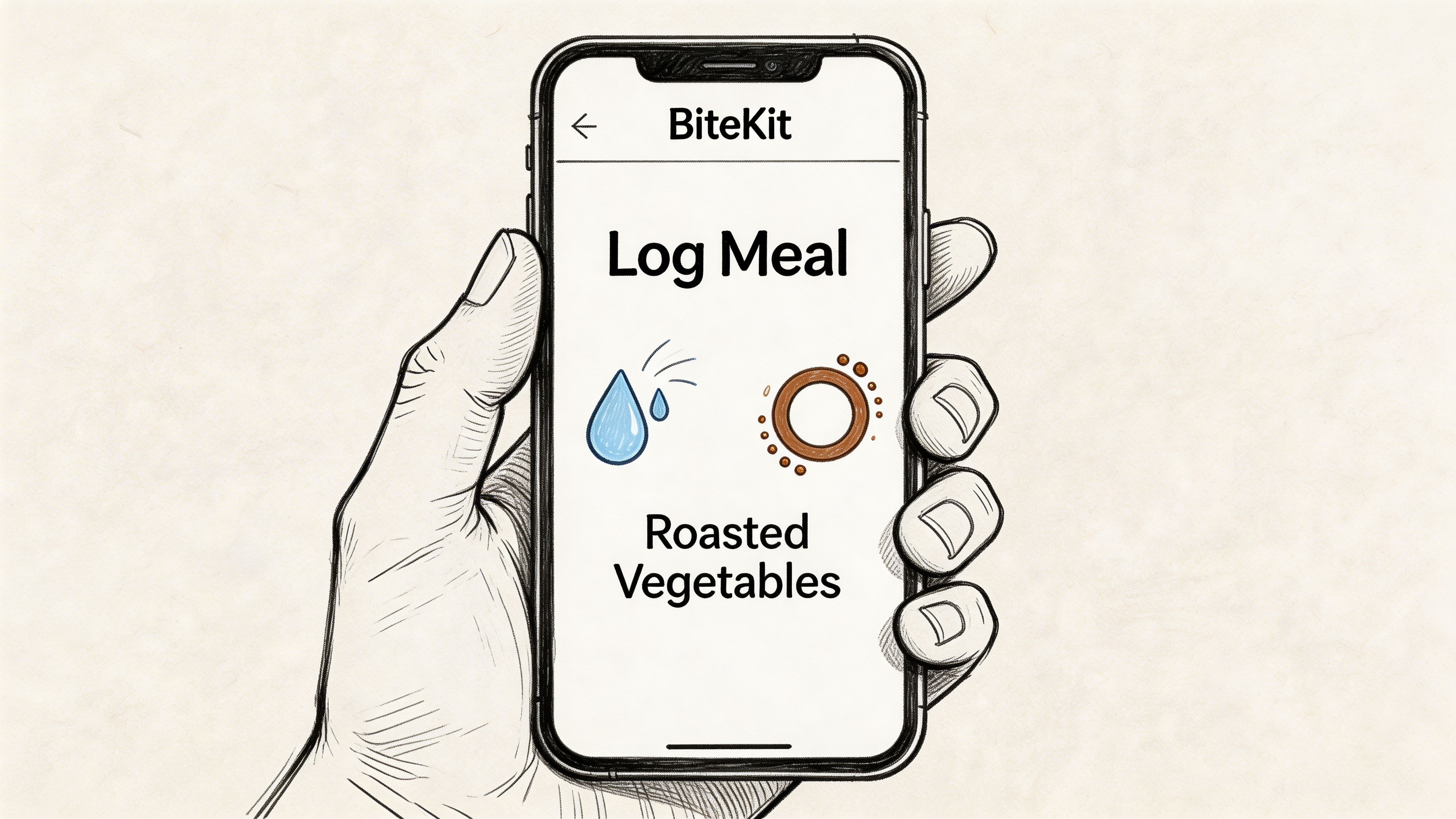 A hand holding a smartphone displaying a BiteKit app interface for logging roasted vegetables on screen.