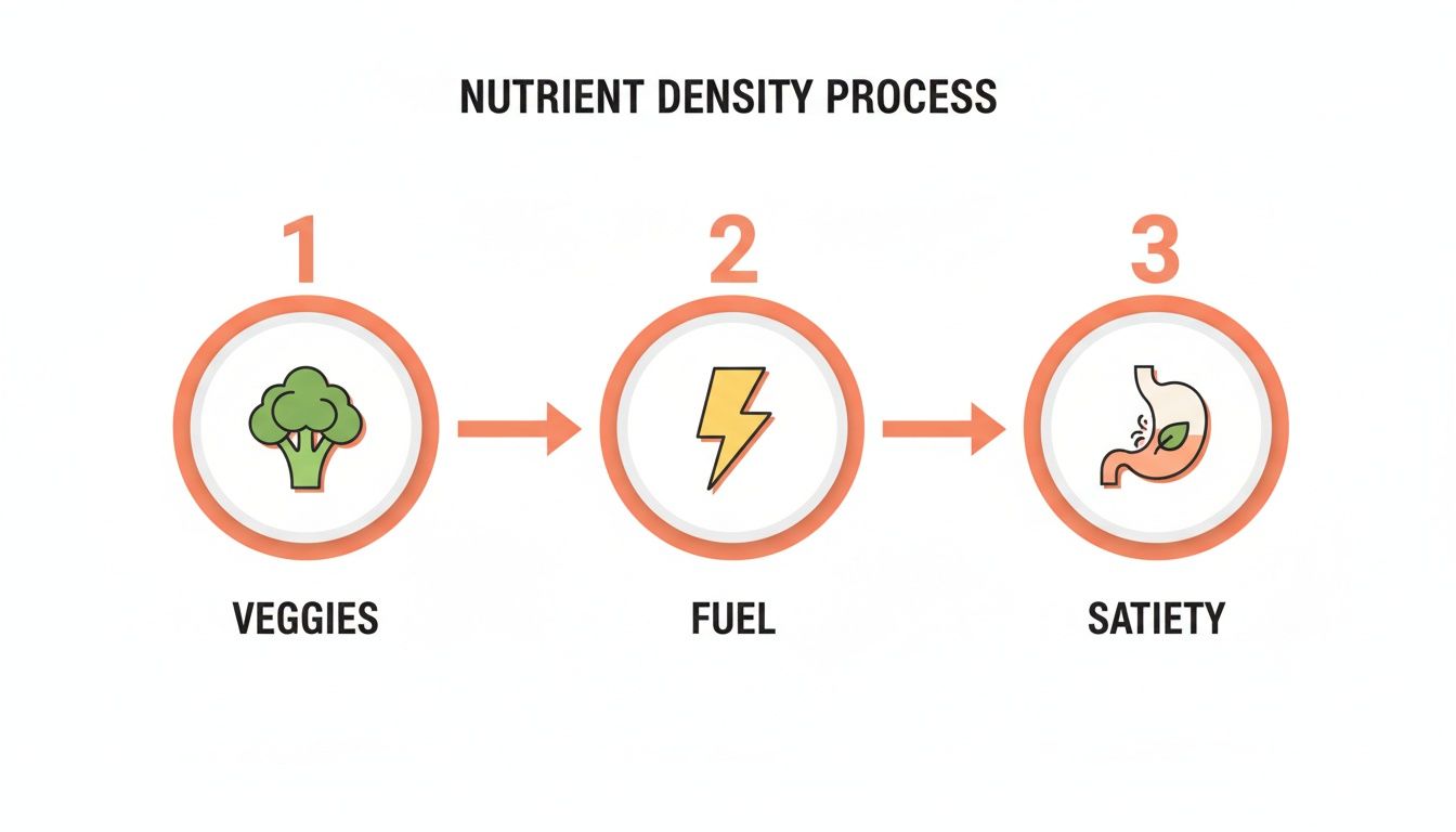 Infographic demonstrating the nutrient density process: veggies provide fuel, leading to satiety.
