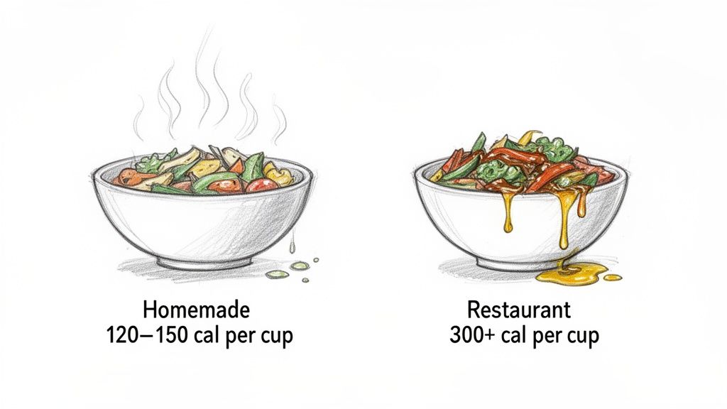 Two bowls comparing homemade stir-fry (120-150 cal/cup) with restaurant stir-fry (300+ cal/cup) to show calorie differences.