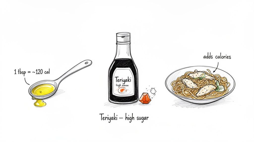 Illustration showing calories from oil (1 tbsp ~120 cal), high sugar teriyaki sauce, and a bowl of stir-fried noodles.
