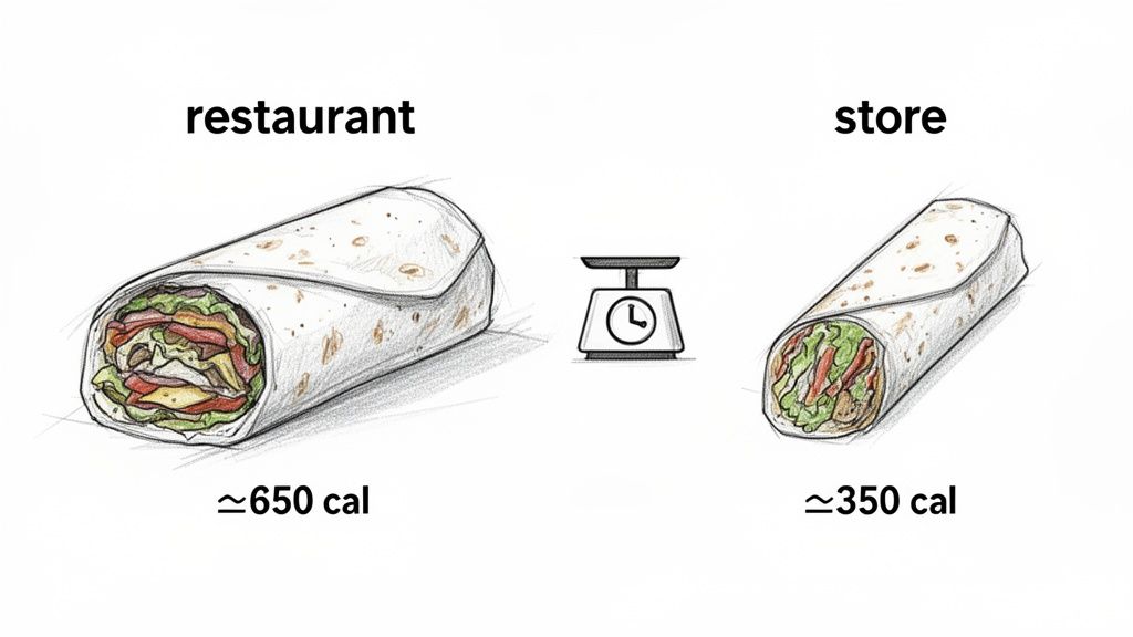 Visual comparison showing a larger restaurant wrap (650 calories) versus a smaller store wrap (350 calories), with a scale icon.