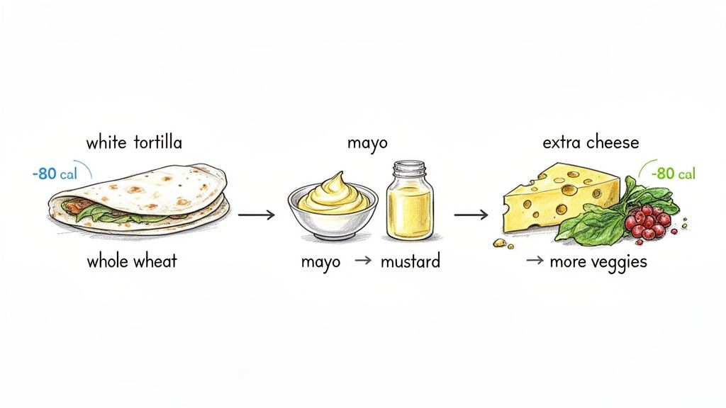 Illustration of calorie-saving food swaps: white tortilla to whole wheat, mayo to mustard, and cheese to veggies.
