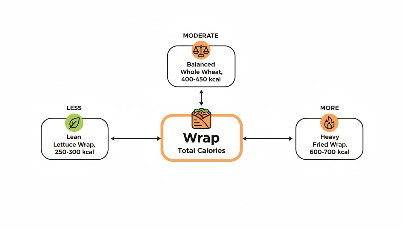 Flowchart showing different wrap types and their associated calorie counts: less, moderate, and more.