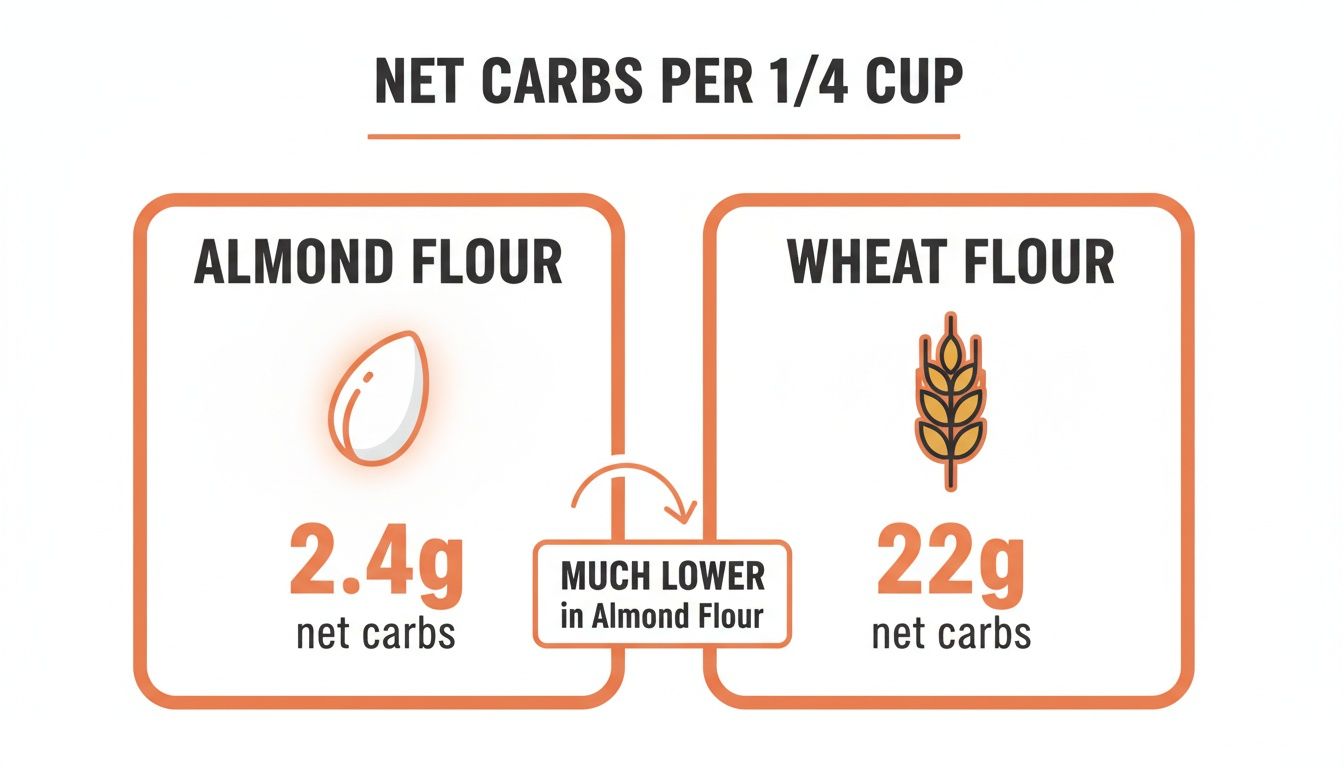 Infographic comparing net carbs per 1/4 cup: almond flour (2.4g) versus wheat flour (22g).