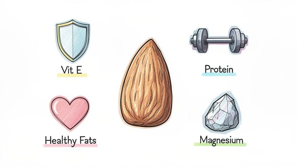 An almond surrounded by icons and text highlighting its nutritional benefits: Vitamin E, protein, healthy fats, and magnesium.