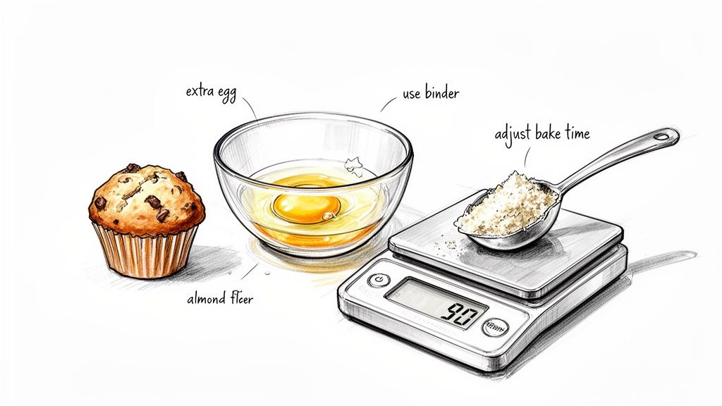 A detailed illustration of baking ingredients: a muffin, raw egg in a bowl, and sugar on a scale.