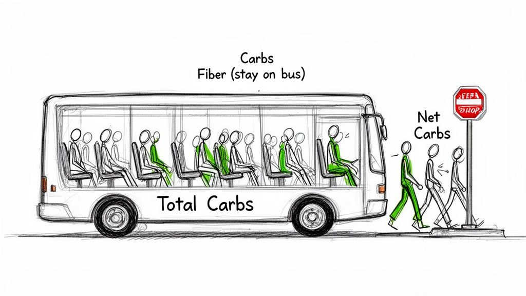 A bus labeled 'Total Carbs' shows passengers as 'Carbs'. Green passengers represent 'Fiber' staying on the bus, while others get off at a stop labeled 'Net Carbs'.