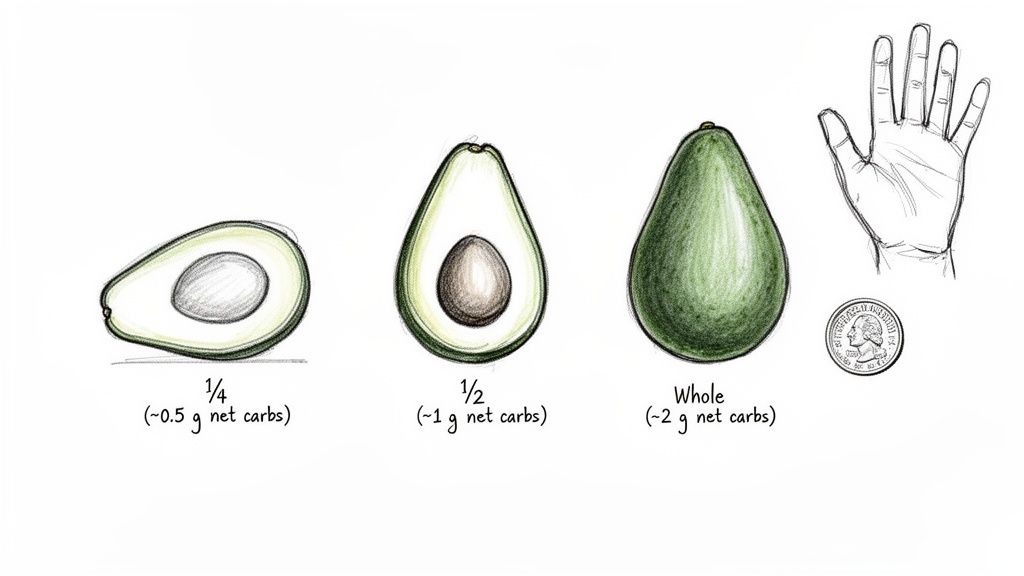 Illustrations of avocado portions (1/4, 1/2, whole) showing net carb content, with a hand and coin for size comparison.