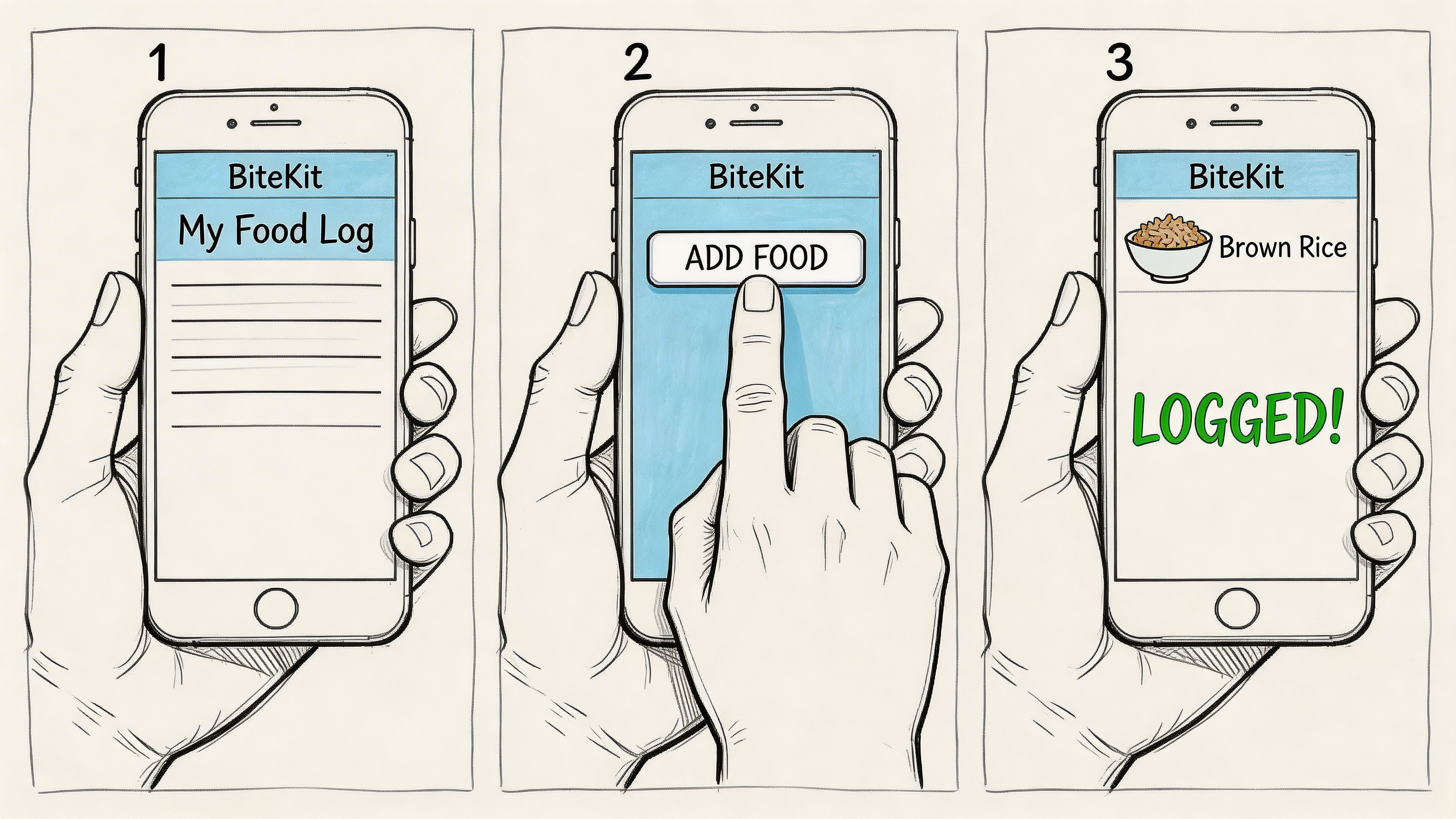 A three-step illustration showing a person using the BiteKit mobile application to log brown rice consumption.